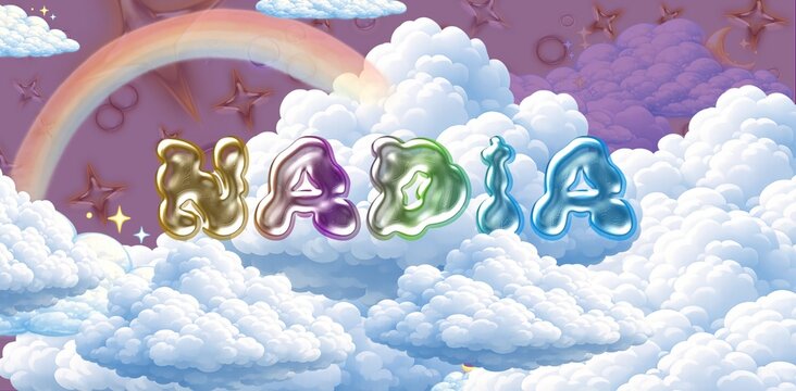 Nadia name. Colorful 3D Cloud Fantasy Background with Glossy Balloon Letters. Dreamy Sky, Stars and Soft Clouds Illustration.