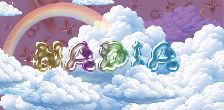 Nadia name. Colorful 3D Cloud Fantasy Background with Glossy Balloon Letters. Dreamy Sky, Stars and Soft Clouds Illustration.