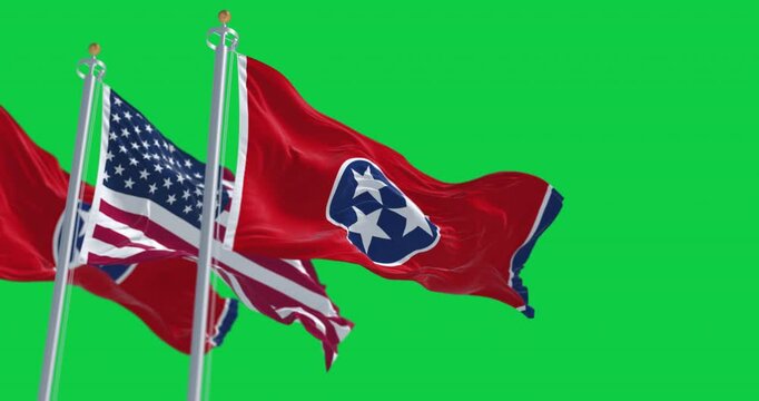 Tennessee state flag waving with the american flag isolated on green background. Seamless 3D render animation. Chroma key. Slow motion loop. Green screen. 4K. Selective focus