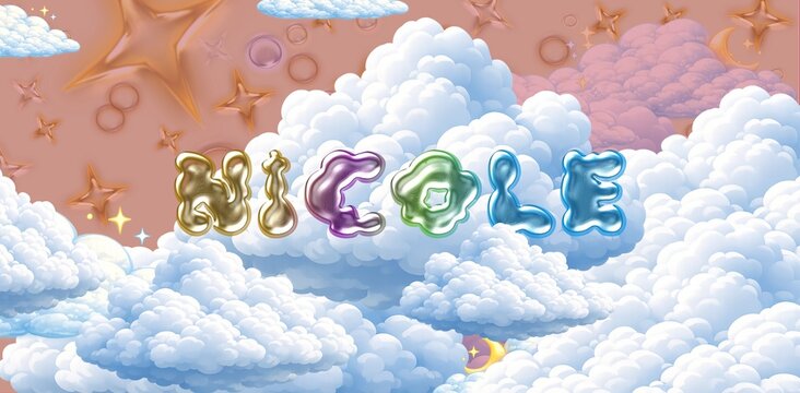 Nicole name. Colorful 3D Cloud Fantasy Background with Glossy Balloon Letters. Dreamy Sky, Stars and Soft Clouds Illustration.