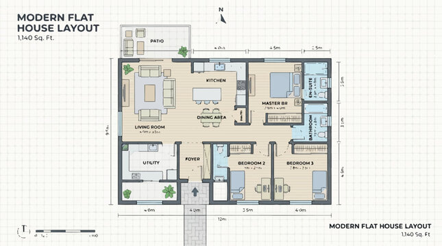 Modern flat architectural floorplan showing rooms, corridors, and functional spaces layout.