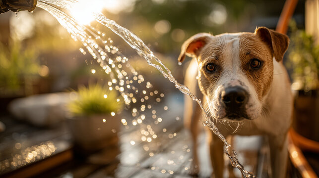 Wet dog standing in backyard while owner rinses patio with garden hose on sunny summer day creating playful pet care and outdoor lifestyle scene	
