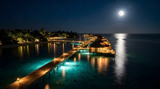 Beautiful Night Aerial View of Coastal City and Moonlight Reflection