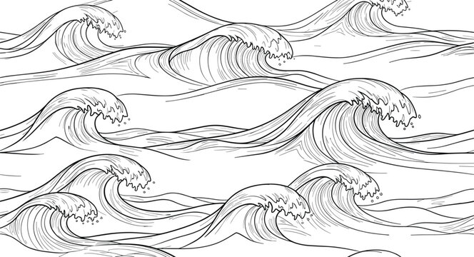 Japanese woodblock style ocean waves vector illustration with vintage engraving and sea foam peaks