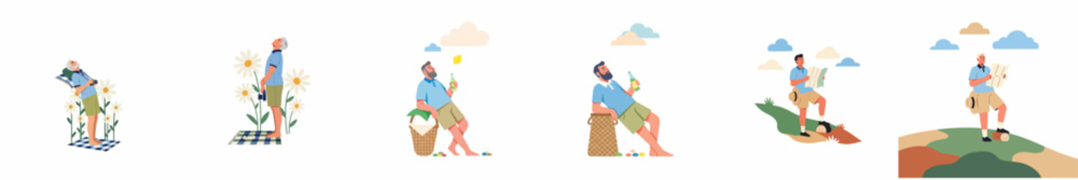 Flat Vector Illustrations of an Older Man Enjoying Outdoor Activities Like Hiking, Picnicking, and Sightseeing in Nature