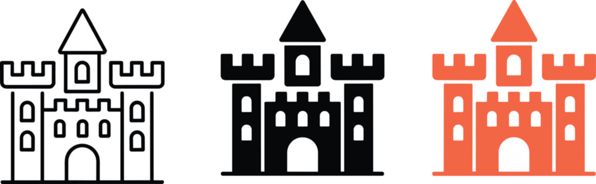 Medieval castle fortress vector icon set featuring towers and battlements in three unique design styles