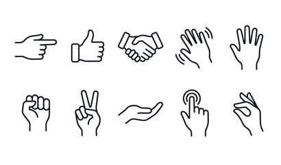 Obraz premium Outline hands icon set illustrating human gestures and finger signs in modern linear vector style