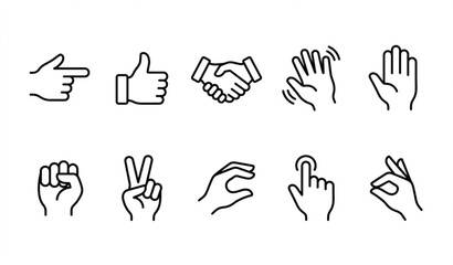 Obraz premium Outline hands icon set illustrating human gestures and finger signs in modern linear vector style
