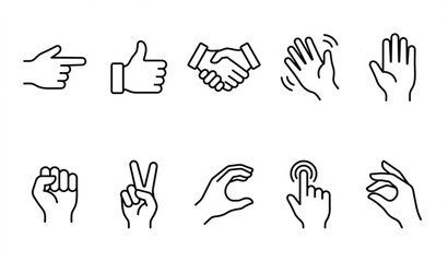 Obraz premium Outline hands icon set illustrating human gestures and finger signs in modern linear vector style