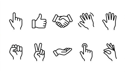 Fototapeta premium Outline hands icon set illustrating human gestures and finger signs in modern linear vector style