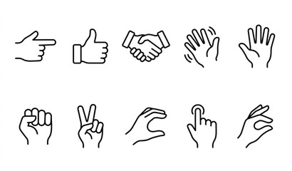 Fototapeta premium Outline hands icon set illustrating human gestures and finger signs in modern linear vector style