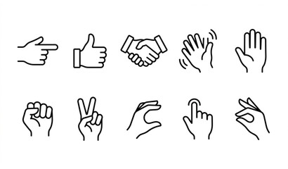 Fototapeta premium Outline hands icon set illustrating human gestures and finger signs in modern linear vector style