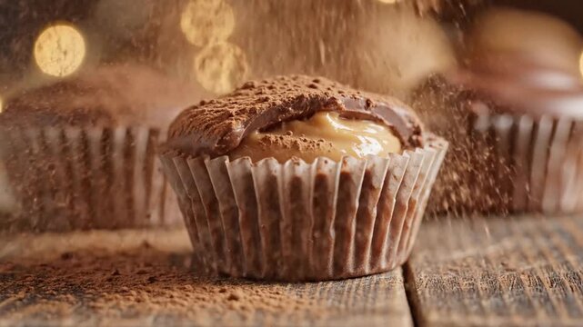 Chocolate cupcakes with caramel filling on rustic wooden table