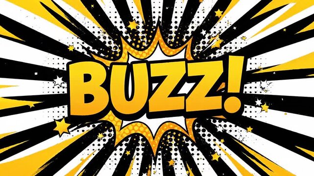 Comic book effect, buzz word, yellow and black explosion, pop art style, graphic element video 4k ai