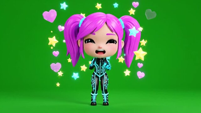 A Cute chibi character from a meme cartoon with a happy reaction, animated with green screen animation, surrounded
