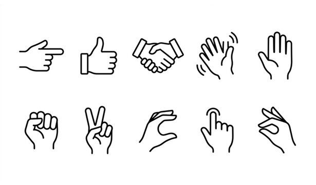 Outline hands icon set illustrating human gestures and finger signs in modern linear vector style