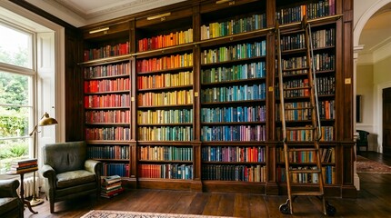 Obraz premium Large wooden library wall with books arranged by color spectrum and rolling ladder in a classic home study interior.