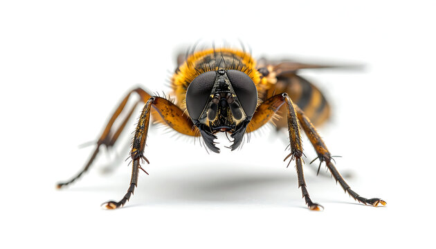 Close-up front view of a fuzzy hoverfly with striped abdomen and bristly legs, isolated on a clean white background, showcasing intricate insect details