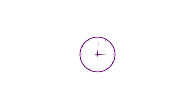 Minimalist purple analog clock face rotating hands isolated on clean white background, representing time management, business deadlines, productivity, and efficient scheduling