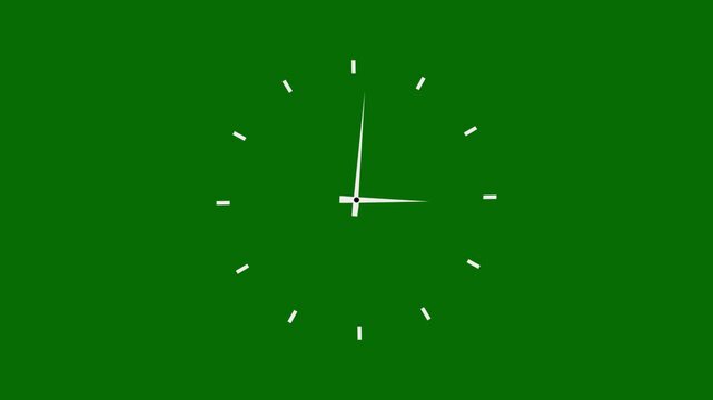 Minimalist analog clock face animation featuring rapidly rotating white hands on a solid chroma key green background, time-lapse effects, deadline concepts, and motion