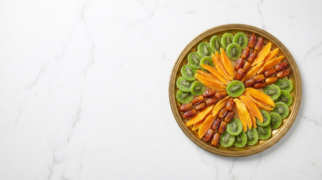 Fresh fruit platter arranged in sunburst pattern on golden plate