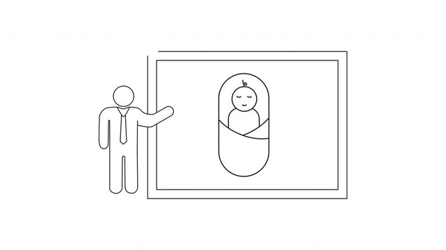 Simple Line Drawing of a Person Presenting a Baby in a Cradle.