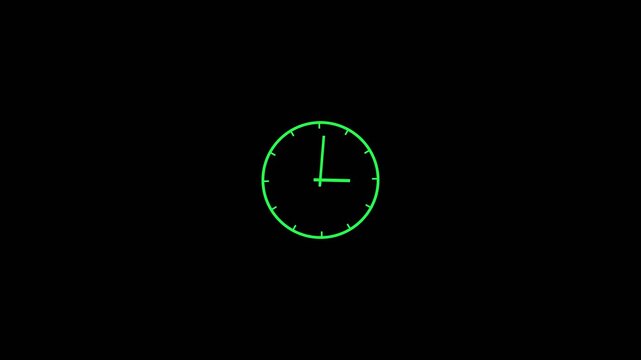 Minimalist neon green analog clock face rotating fast motion isolated on black background, for time lapse, concept and dynamic, countdown visual effects, for motion projects