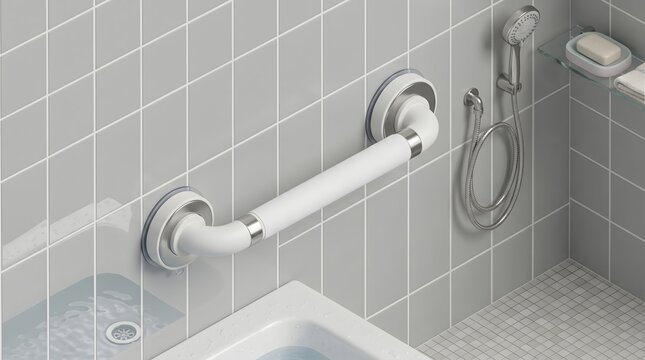 Bathroom safety grab bar 3d render installed on tiled shower wall with soap dish and bright daylight and copy space. Accessible bathing fixture product design.