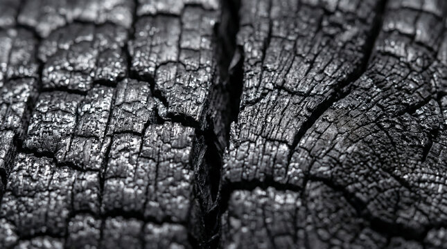 Macro texture of burnt wood charcoal with cracked carbon surface