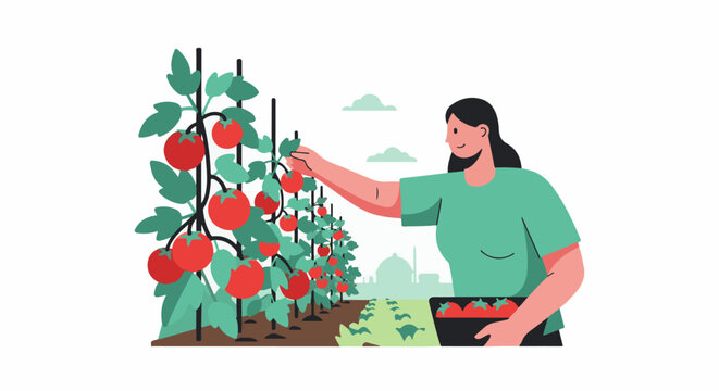 Person harvesting ripe tomatoes from a vibrant garden under a cloudy sky