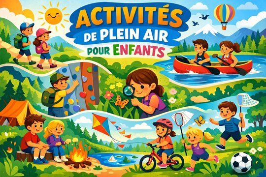 Affiche, panneau, flyer, mod&egrave;le avec le texte "Activit&eacute;s de plein air pour enfants"