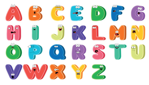 Cute colorful cartoon alphabet with funny faces and emotions for kids education, preschool learning and nursery design.