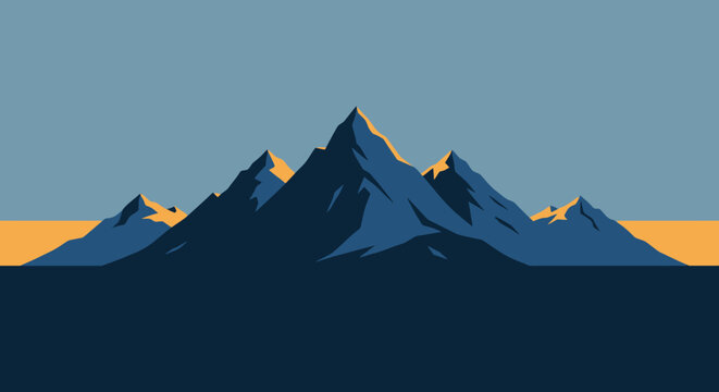 Stylized Mountain Range at Sunrise, Minimalist Landscape, Blue Peaks, Golden Light