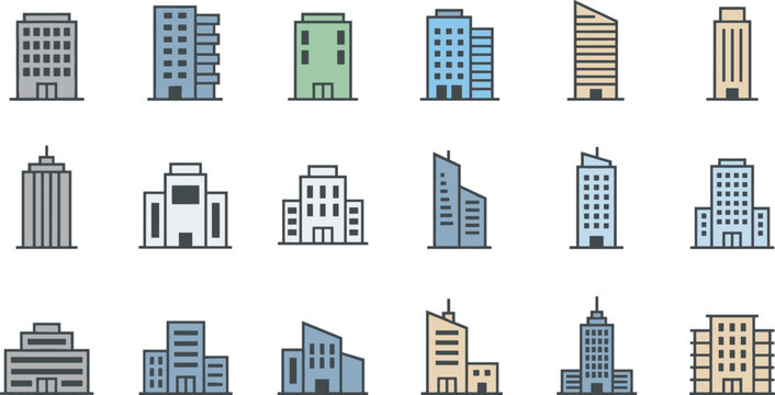 Building icon collection featuring office towers, apartments, skyscrapers, modern architecture, and diverse urban structure design elements