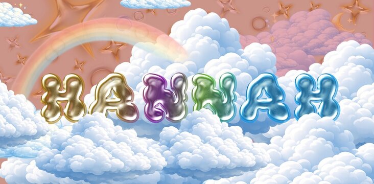 Hannah name. Colorful 3D Cloud Fantasy Background with Glossy Balloon Letters. Dreamy Sky, Stars and Soft Clouds Illustration.