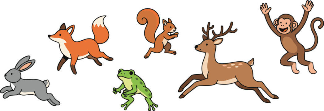 Colorful cartoon wild animal vector set with running fox jumping monkey leaping deer rabbit squirrel and frog for children and nursery design