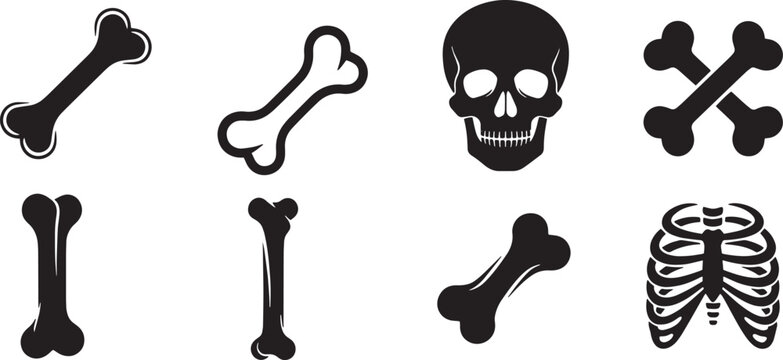 A black and white graphic illustration features a collection of skeletal elements.