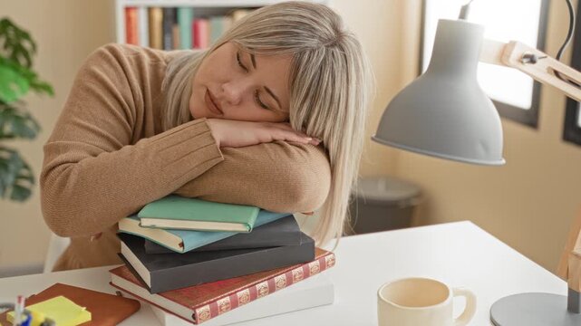 Woman resting head on a stack of books at a desk beside a lamp in a building, leaning on forearms after studying; fatigue study burnout.
