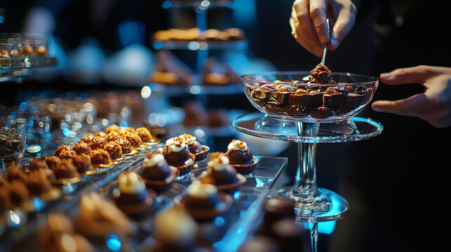 Elegant chocolate tasting event guests savoring assorted gourmet confections at a sophisticated buffet display under dim ambient lighting with glassware and tiered stands enhancing the luxurious.