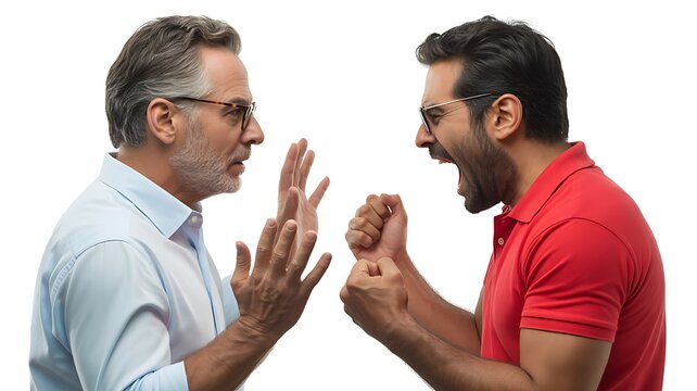 Two men yelling and gesturing fiercely during a heated argument