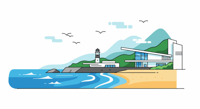 Modern architecture meets coastal landscape with lighthouse and ocean waves
