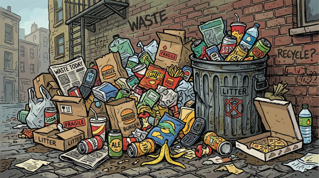 Waste cluttered alley with trash cans and scavenging animals.