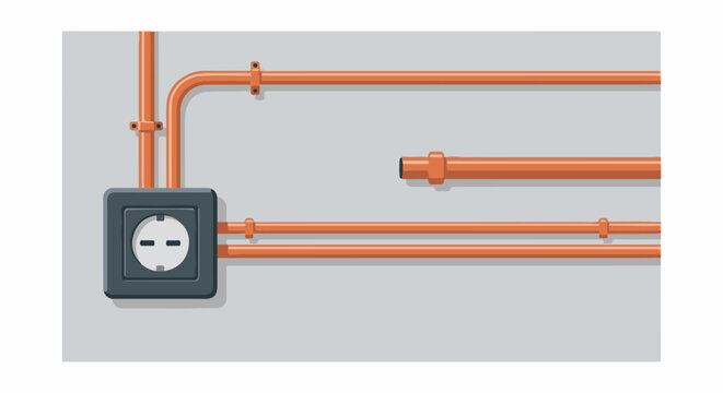 Orange pipes connect to a wall outlet on a gray surface