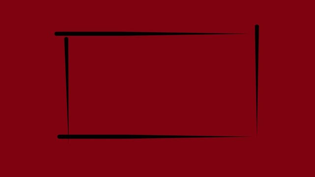 Rectangular, square frame, self drawing animation. Black line animated on red background motion animation 4k video...