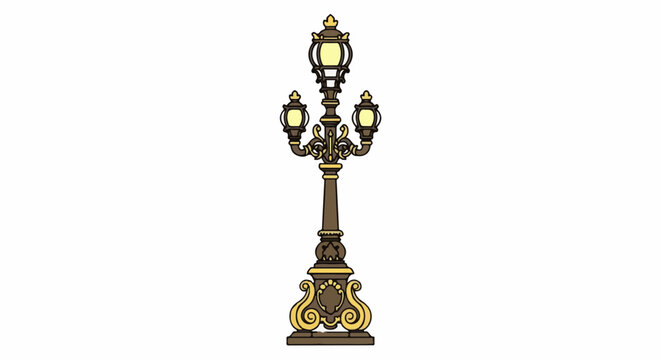 Ornate antique lamp post with three lit globes, classic street decor