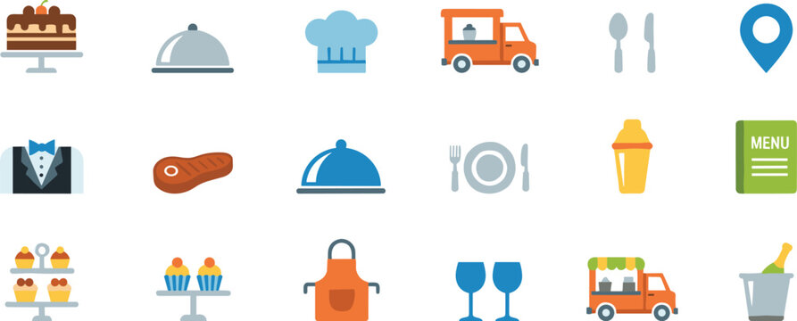 Flat food and catering icon set featuring cake chef hat food truck and restaurant symbols for menu and service design