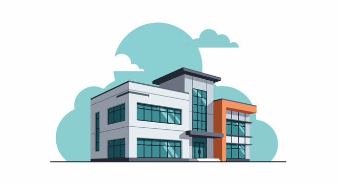 Modern multi-story building with large windows and an orange accent section