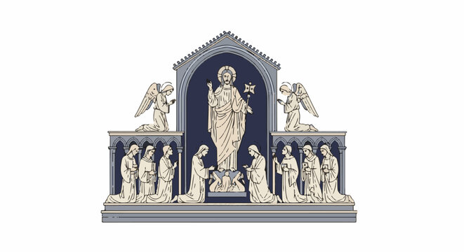Ornate relief depicts religious scene with central figure, angels, and adorers