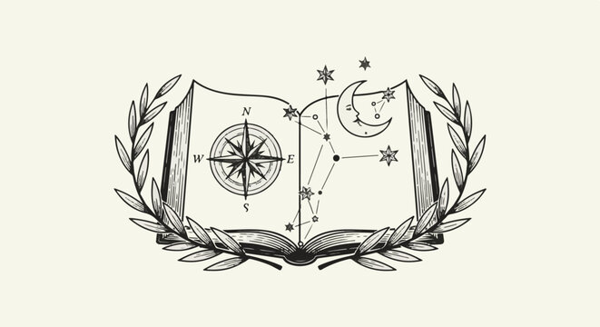 Open book with celestial map, compass, and laurel wreath