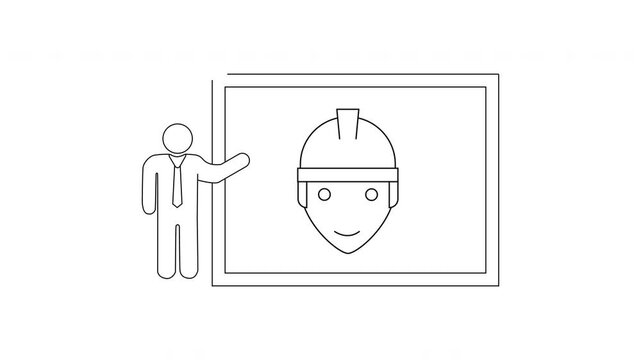 Simple Line Drawing of a Person Presenting a Hard Hat Icon.